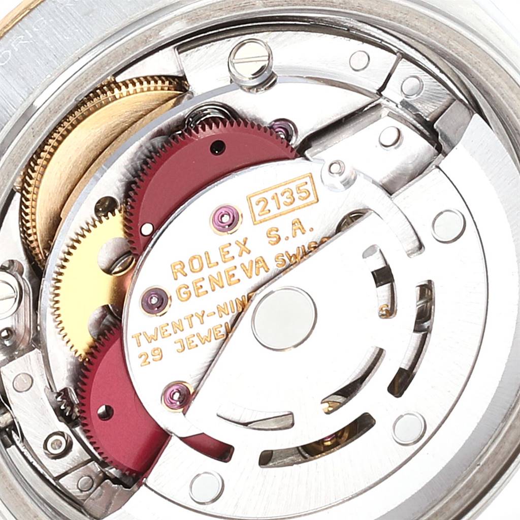 This image shows the inner mechanical movement components of a Rolex Datejust 69173 Women's Stainless Steel White Dial 69173 Women's Stainless Steel White Dial watch, focusing on the caliber 2135.