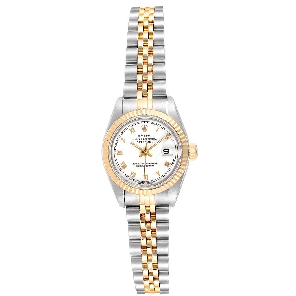 This image shows a frontal view of a Rolex Datejust 69173 Women's Stainless Steel White Dial 69173 Women's Stainless Steel White Dial watch, featuring its face, bezel, and two-tone metal bracelet.