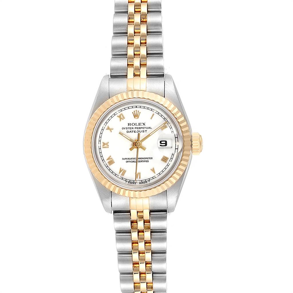 The image shows a Rolex Datejust 69173 Women's Stainless Steel White Dial 69173 Women's Stainless Steel White Dial watch from a front angle, highlighting its dial, bezel, and two-tone bracelet.