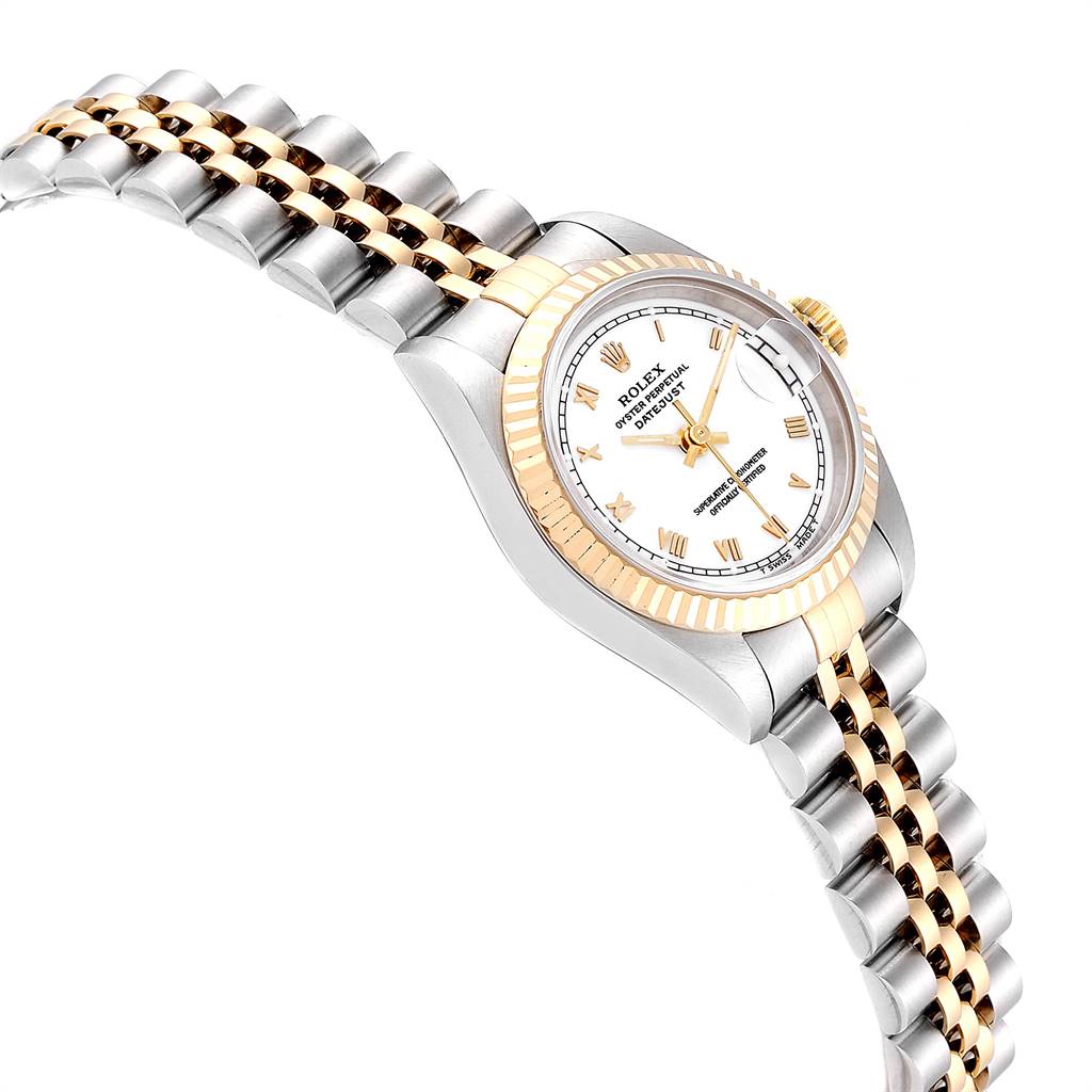 The image shows a Rolex Datejust 69173 Women's Stainless Steel White Dial 69173 Women's Stainless Steel White Dial watch at an angled view highlighting its two-tone bracelet, fluted bezel, and dial.