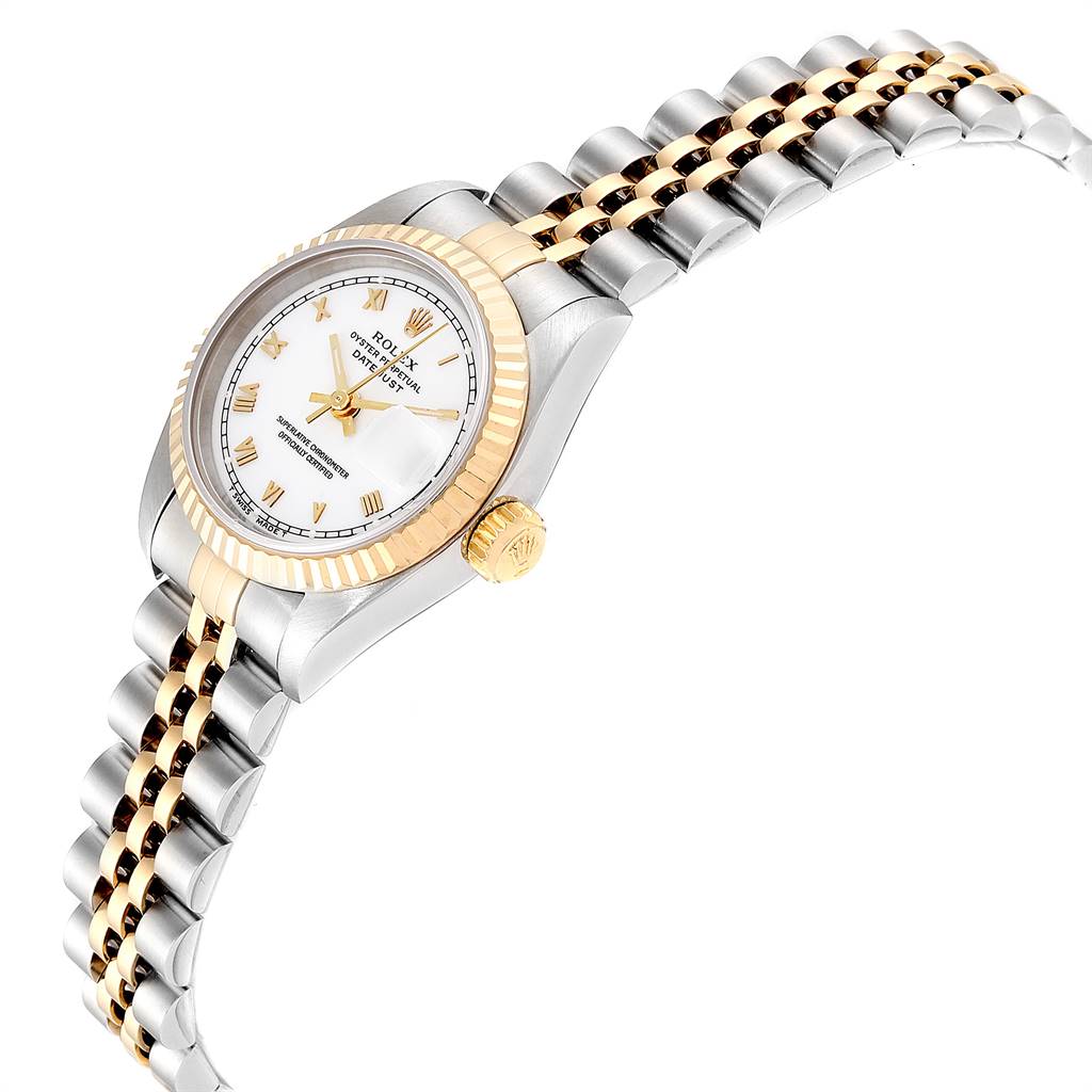 This image shows a Rolex Datejust 69173 Women's Stainless Steel White Dial 69173 Women's Stainless Steel White Dial watch from a side angle, highlighting the bracelet, bezel, crown, and watch face.