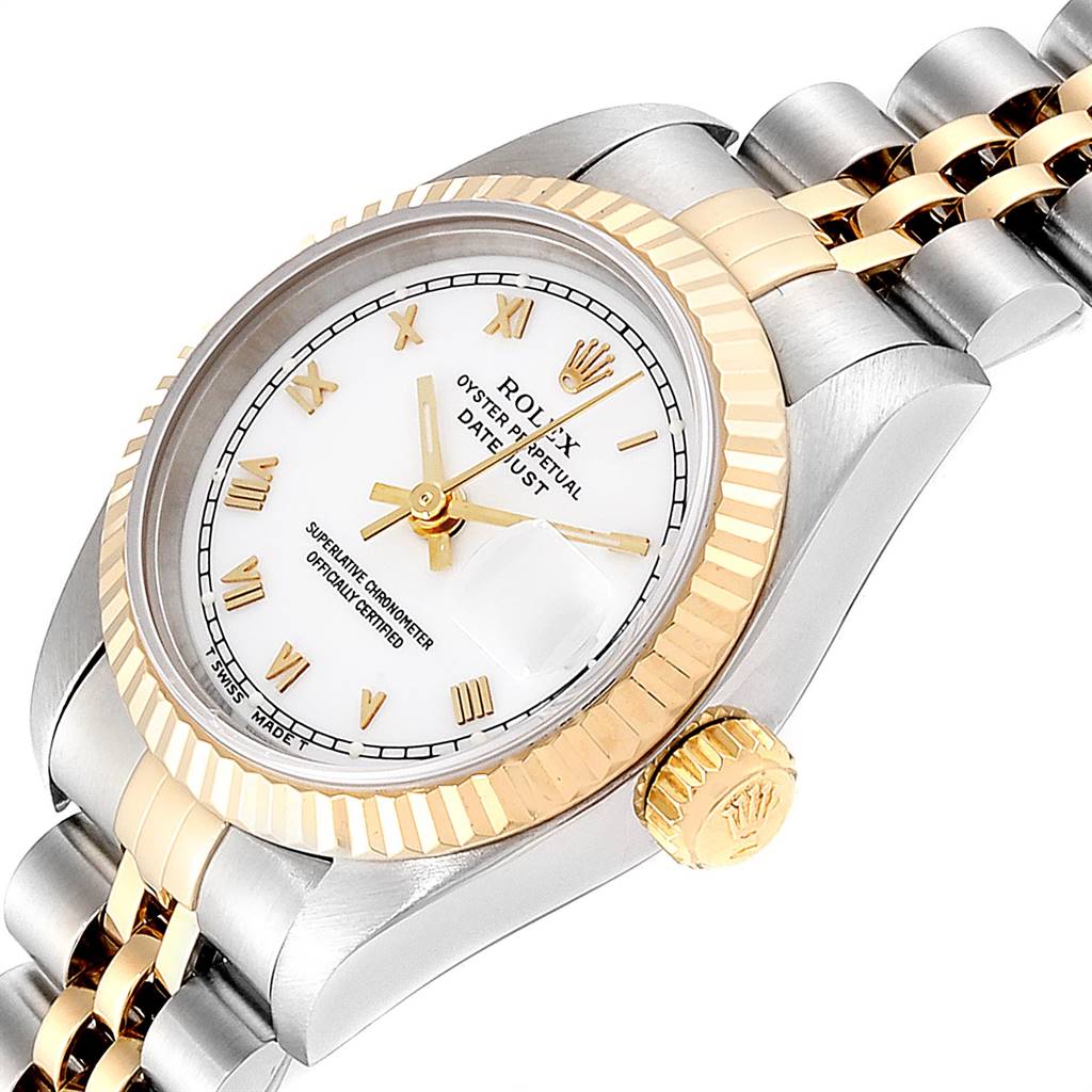 This image shows a close-up angle of the Rolex Datejust 69173 Women's Stainless Steel White Dial 69173 Women's Stainless Steel White Dial watch, highlighting the crown, bezel, case, and part of the bracelet.