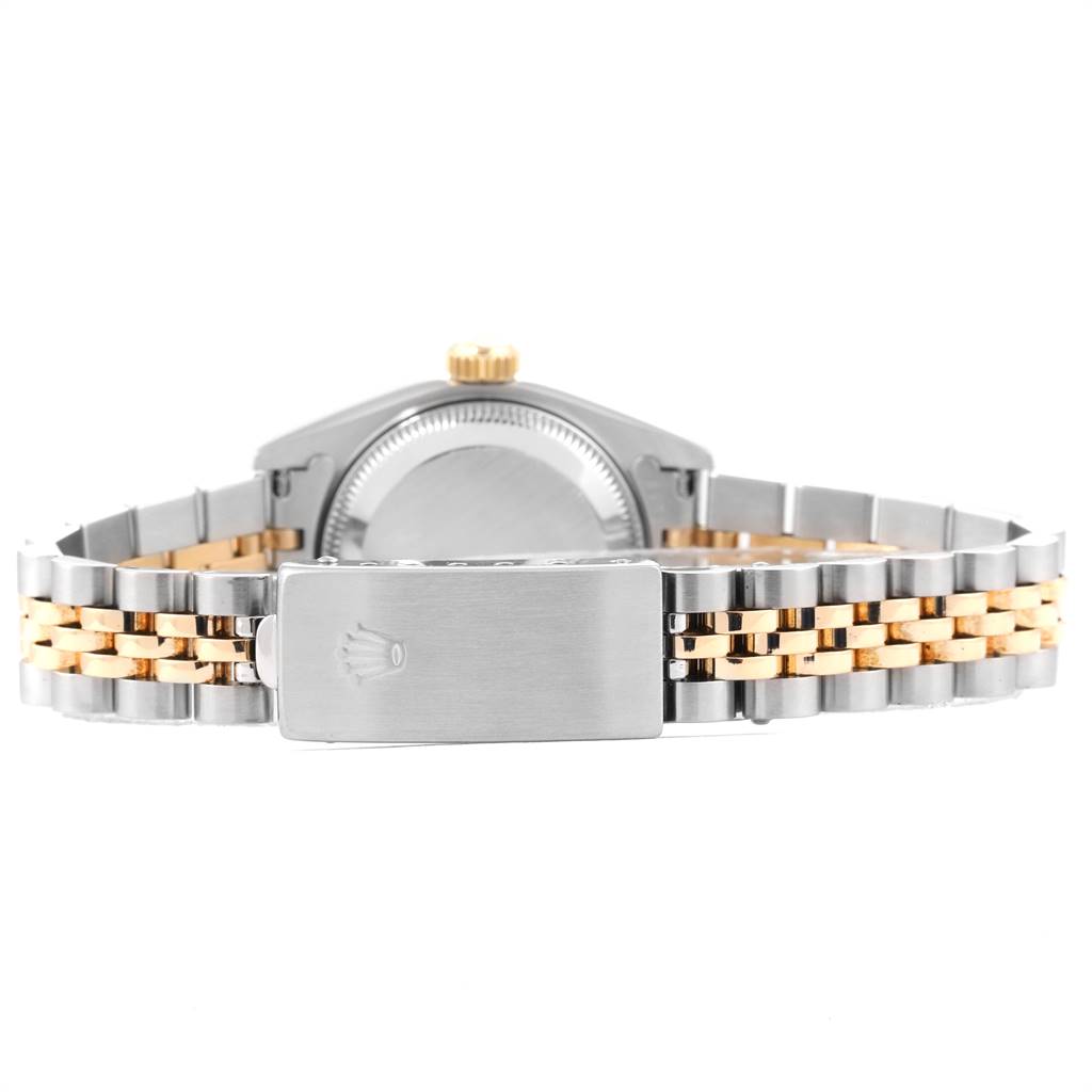 The image shows the back view of the Rolex Datejust 69173 Women's Stainless Steel White Dial 69173 Women's Stainless Steel White Dial watch, highlighting the clasp, case back, and the two-tone bracelet.
