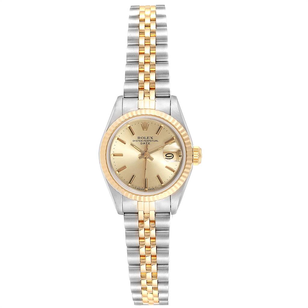 The image shows a Rolex Datejust 69173 Women's Stainless Steel Champagne Dial 69173 Women's Stainless Steel Champagne Dial watch from a top-down view, displaying its face, bezel, and full bracelet.