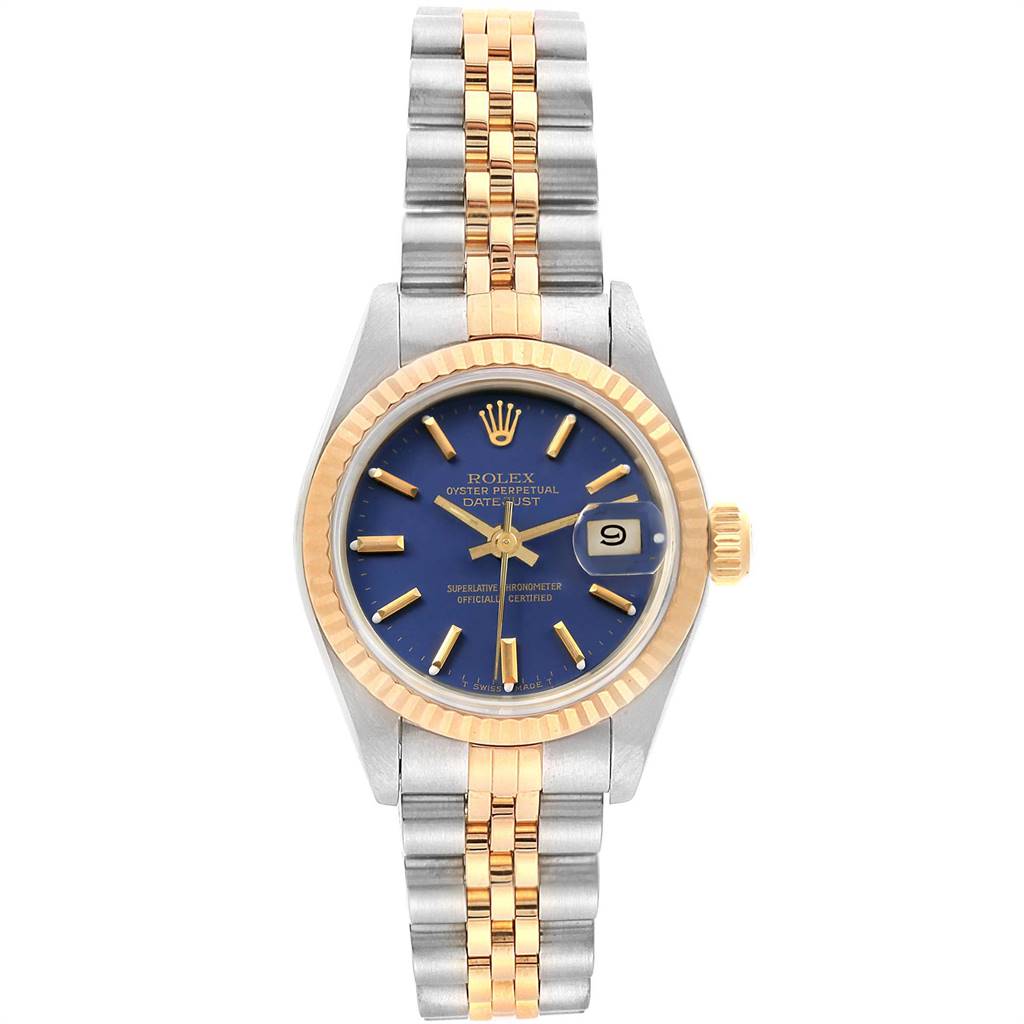 This image shows a front view of a Rolex Datejust 69173 Women's Stainless Steel Blue Dial 69173 Women's Stainless Steel Blue Dial watch with a two-tone bracelet and blue dial.