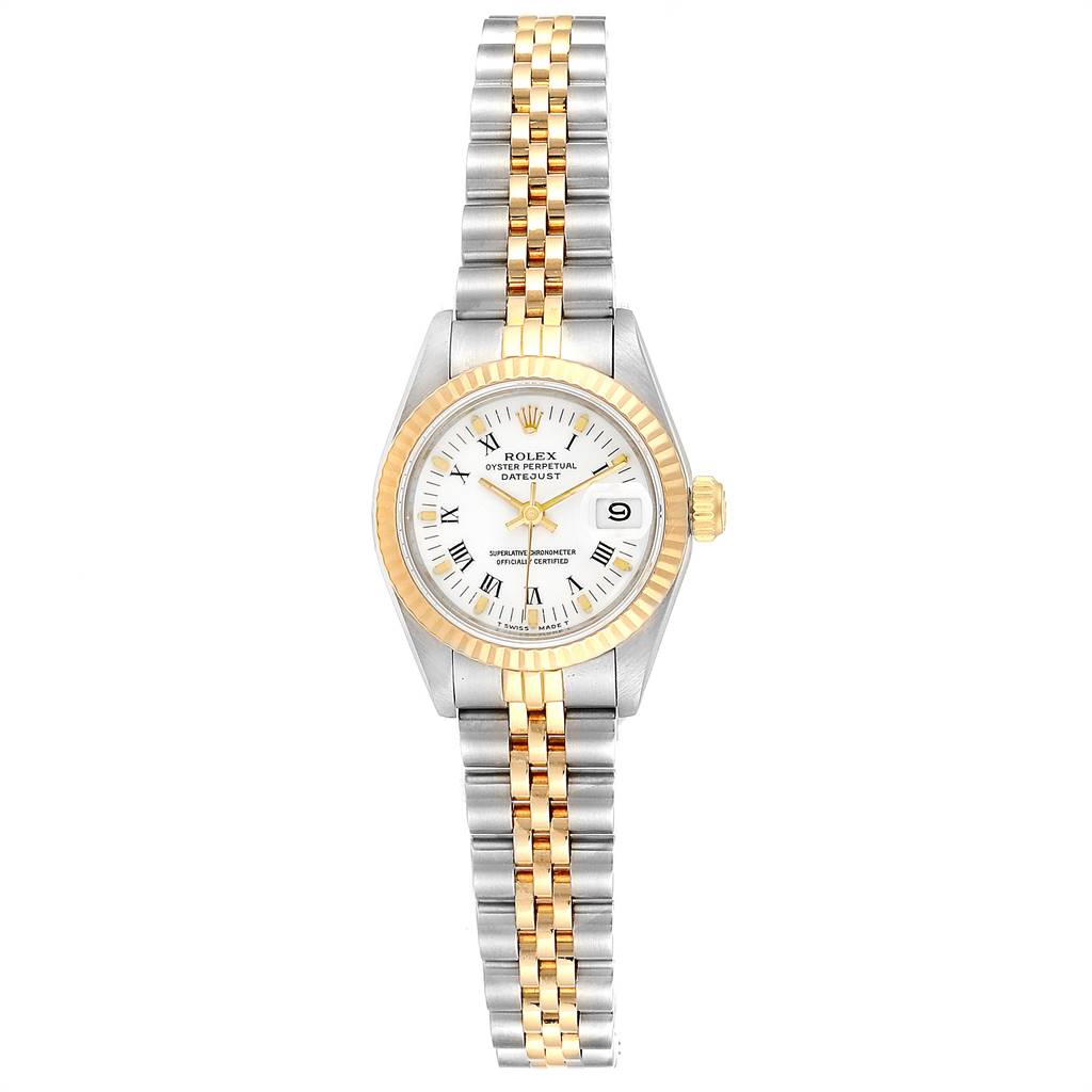 This Rolex Datejust 69173 Women's Stainless Steel White Dial 69173 Women's Stainless Steel White Dial watch is shown from the front, displaying the dial, bezel, and two-tone bracelet.