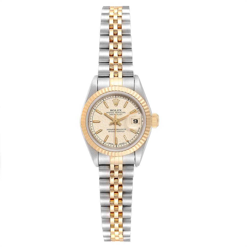 The image shows a Rolex Datejust 69173 Women's Stainless Steel Beige Dial 69173 Women's Stainless Steel Beige Dial watch from a front angle, highlighting its dial, bezel, and two-tone bracelet.