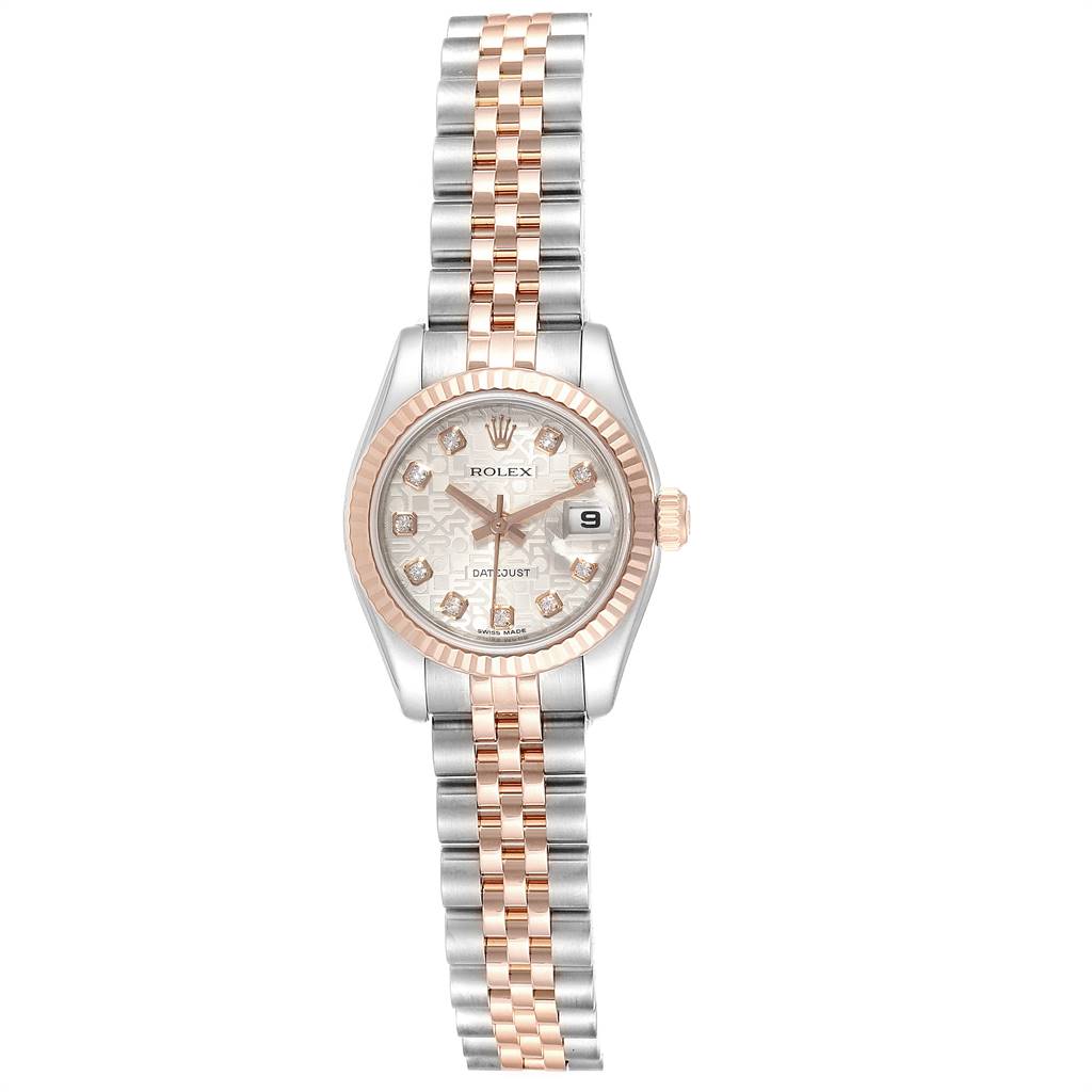 The image shows a front view of a Rolex Datejust 179171 Women's Steel and Gold (two tone) Silver Dial 179171 Women's Steel and Gold (two tone) Silver Dial watch, displaying its rose gold and stainless steel bracelet, bezel, and dial.