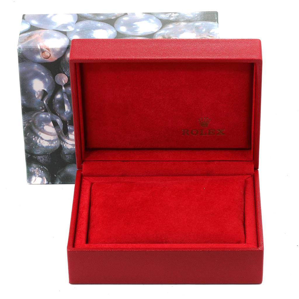 The image shows the open presentation box for a Rolex Datejust 69173 Women's Stainless Steel White Dial 69173 Women's Stainless Steel White Dial watch, featuring a red interior and the Rolex logo.