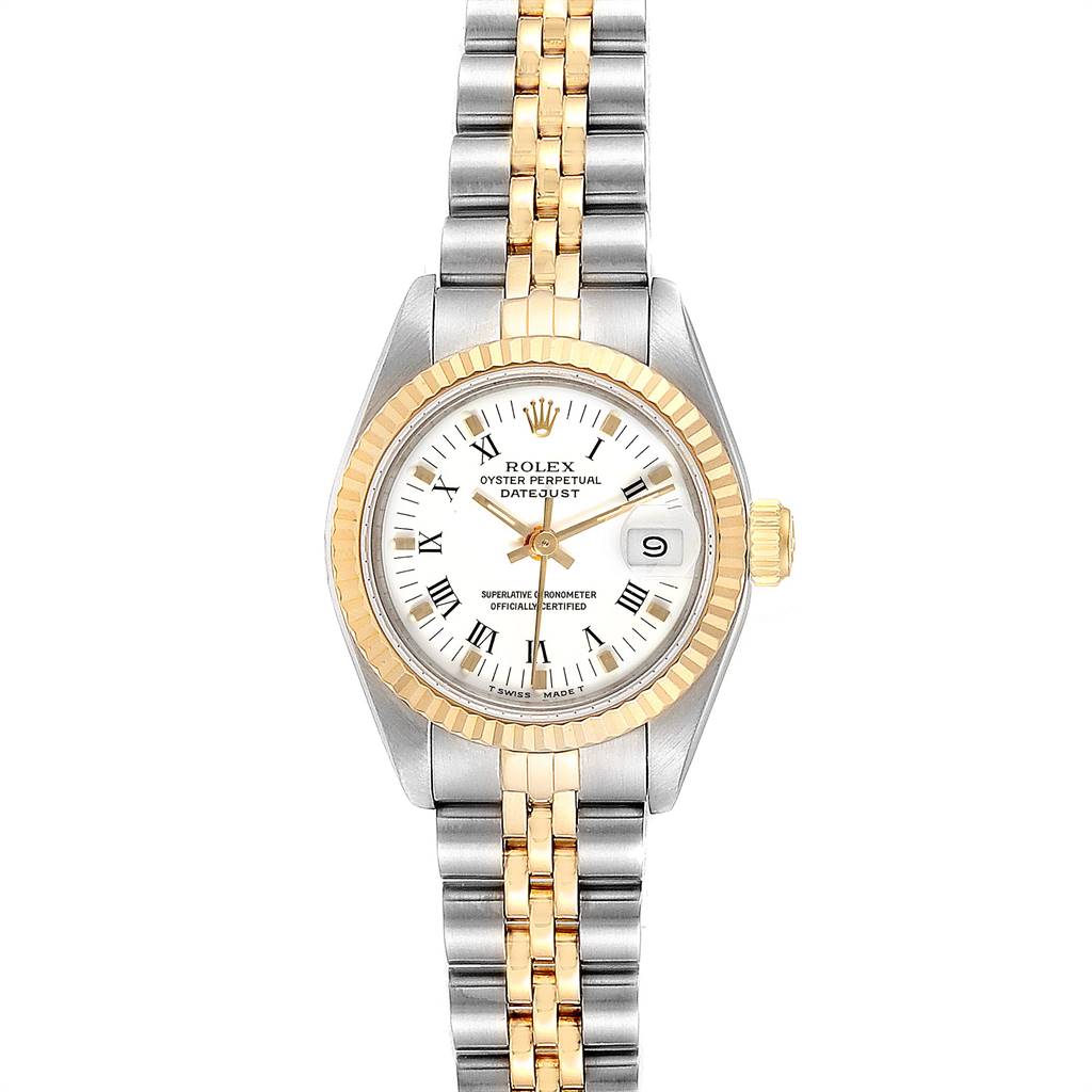 This image shows a Rolex Datejust 69173 Women's Stainless Steel White Dial 69173 Women's Stainless Steel White Dial watch from a front angle, highlighting its dial, bezel, and two-tone bracelet.