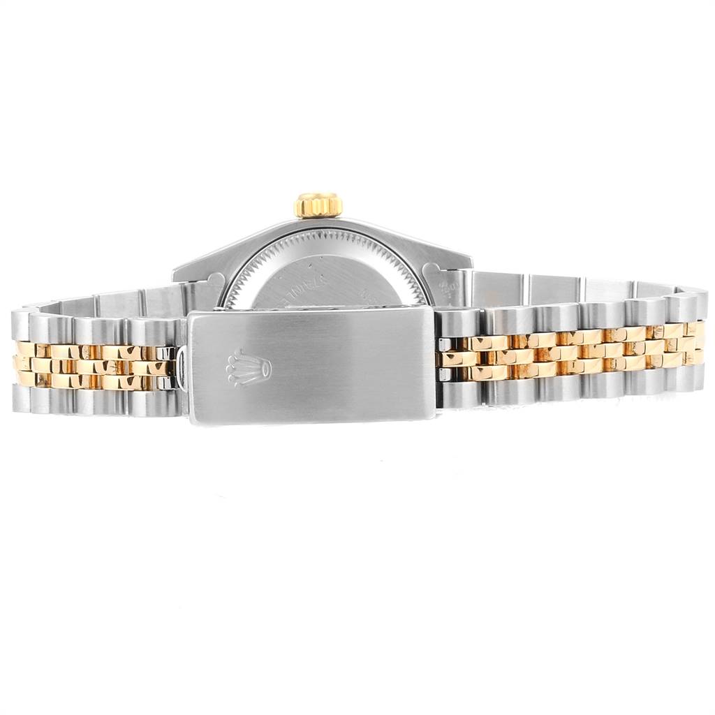 The image shows the back view of a Rolex Datejust 69173 Women's Stainless Steel White Dial 69173 Women's Stainless Steel White Dial watch focusing on the stainless steel and gold jubilee bracelet and clasp.