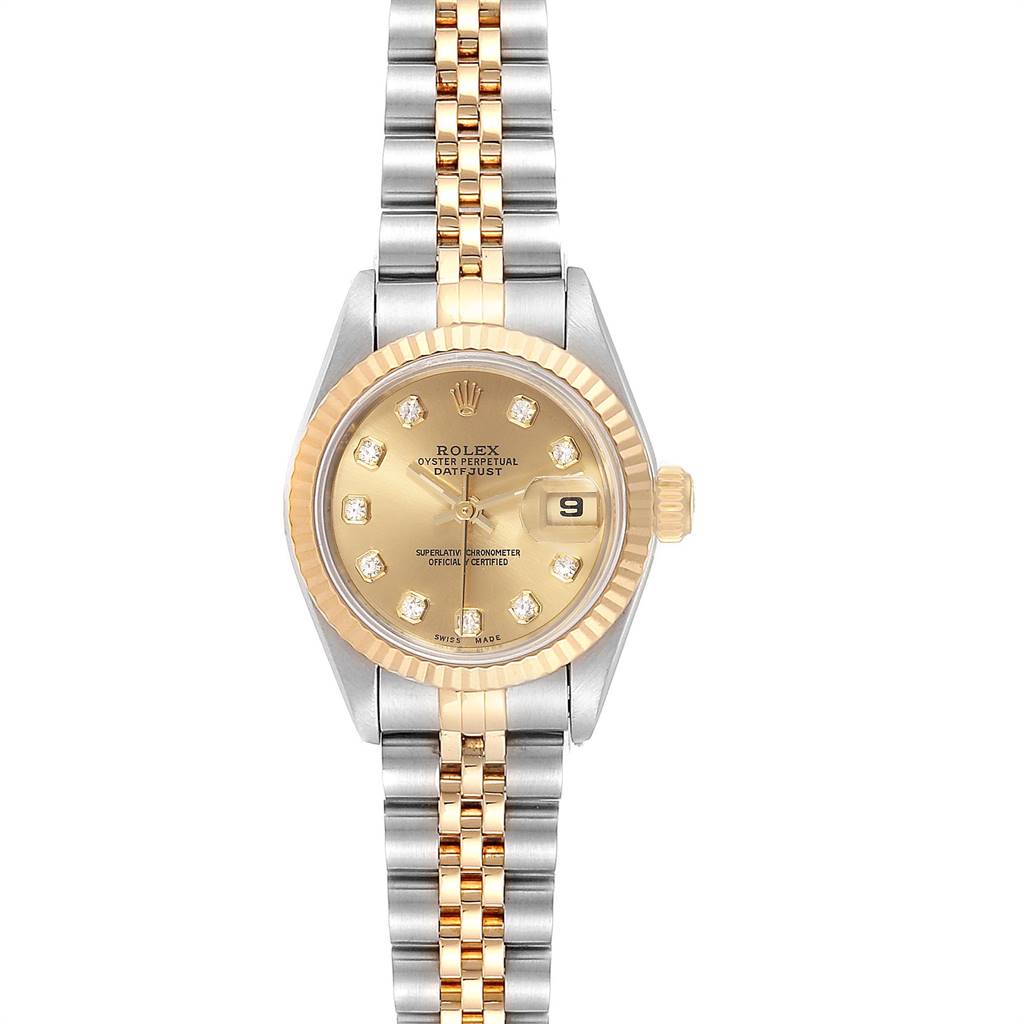 This image shows a front-facing view of a Rolex Datejust 69173 Women's Stainless Steel Champagne Dial 69173 Women's Stainless Steel Champagne Dial watch, highlighting the dial, bezel, bracelet, and crown.