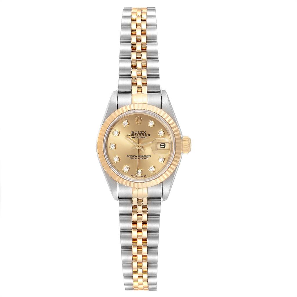 This image shows a front view of the Rolex Datejust 69173 Women's Stainless Steel Champagne Dial 69173 Women's Stainless Steel Champagne Dial watch, highlighting its face, bezel, and Jubilee bracelet.