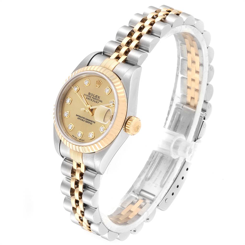 The Rolex Datejust 69173 Women's Stainless Steel Champagne Dial 69173 Women's Stainless Steel Champagne Dial model watch is shown at a three-quarter angle, highlighting its face, bezel, crown, and two-tone bracelet.