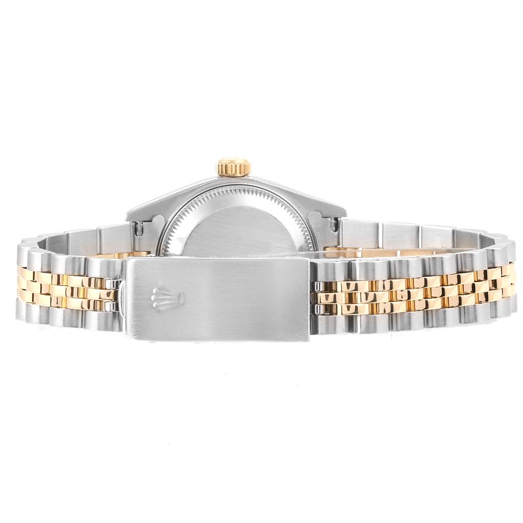 The image shows the back view of a Rolex Datejust 69173 Women's Stainless Steel Champagne Dial 69173 Women's Stainless Steel Champagne Dial watch, highlighting the case back, two-tone jubilee bracelet, and clasp.
