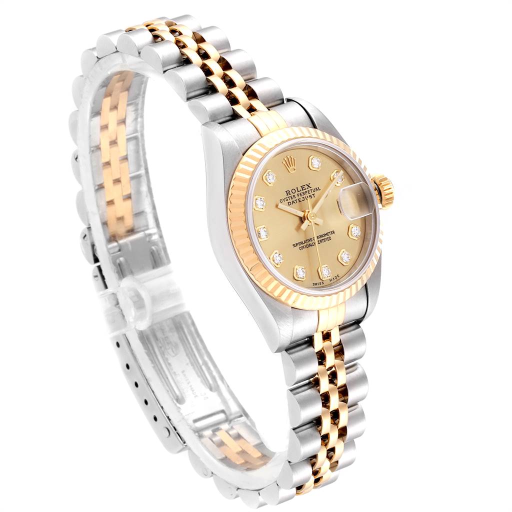 The Rolex Datejust 69173 Women's Stainless Steel Champagne Dial 69173 Women's Stainless Steel Champagne Dial watch is shown at an angled side view, highlighting its dial, bezel, and two-tone bracelet.