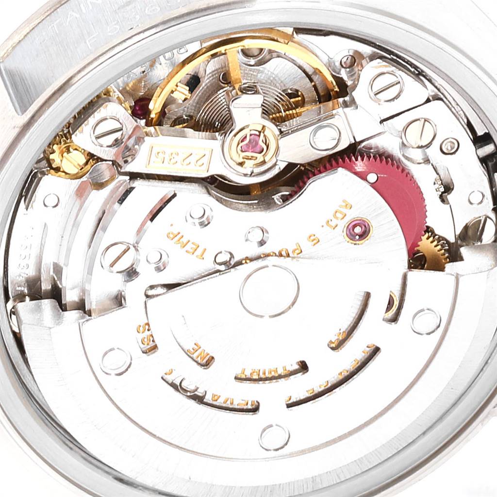 The image shows an internal close-up of the movement mechanism of a Rolex Datejust 79174 Women's Stainless Steel Mother of Pearl Dial 79174 Women's Stainless Steel Mother of Pearl Dial watch.