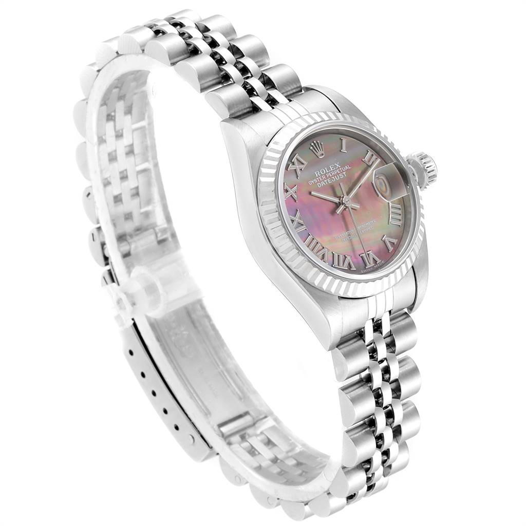 This image shows a Rolex Datejust 79174 Women's Stainless Steel Mother of Pearl Dial 79174 Women's Stainless Steel Mother of Pearl Dial watch at a three-quarter angle, highlighting its face, bezel, crown, and jubilee bracelet.