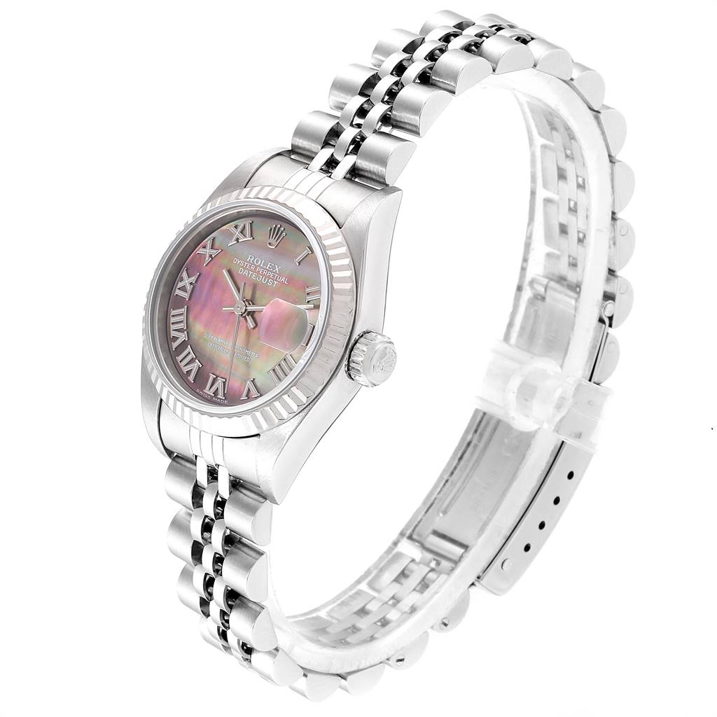 The image shows a Rolex Datejust 79174 Women's Stainless Steel Mother of Pearl Dial 79174 Women's Stainless Steel Mother of Pearl Dial watch at a slight side angle, highlighting the dial, bezel, crown, and Jubilee bracelet.
