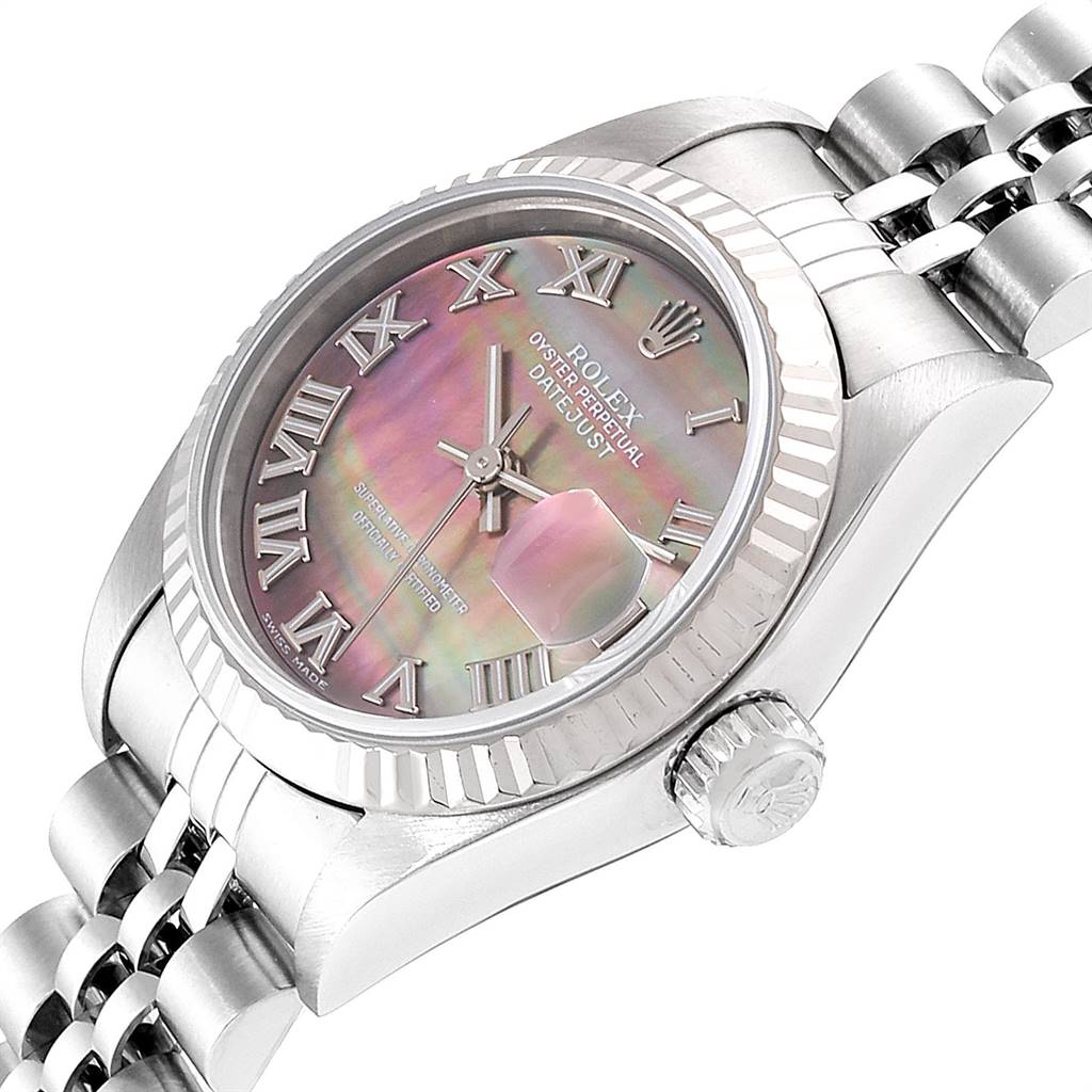 This image shows a close-up angle of a Rolex Datejust 79174 Women's Stainless Steel Mother of Pearl Dial 79174 Women's Stainless Steel Mother of Pearl Dial watch, focusing on the dial, bezel, crown, and part of the bracelet.