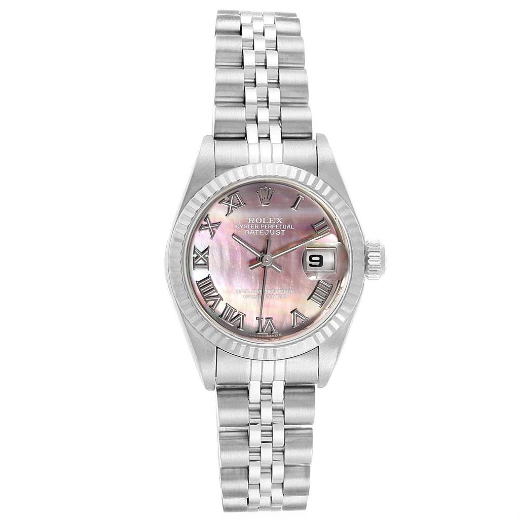 This image shows a front view of the Rolex Datejust 79174 Women's Stainless Steel Mother of Pearl Dial 79174 Women's Stainless Steel Mother of Pearl Dial watch, featuring the dial, bezel, bracelet, and date window.