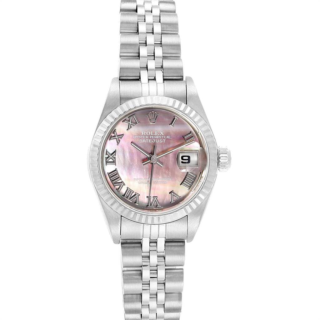 This image shows a Rolex Datejust 79174 Women's Stainless Steel Mother of Pearl Dial 79174 Women's Stainless Steel Mother of Pearl Dial watch from a top-down angle, revealing the dial, bezel, bracelet, and crown.