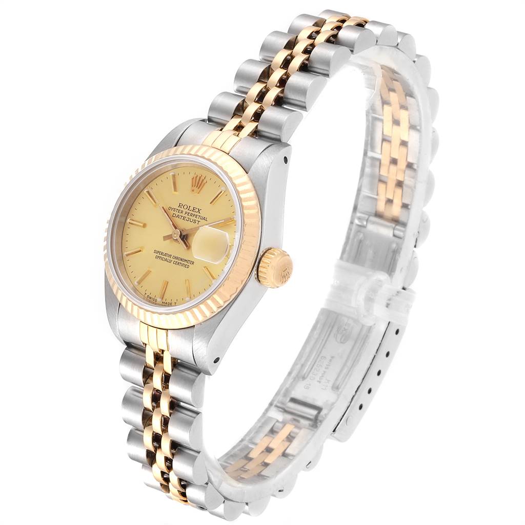 The image shows a Rolex Datejust 69173 Women's Stainless Steel Champagne Dial 69173 Women's Stainless Steel Champagne Dial watch at a three-quarter angle, highlighting its dial, bracelet, and crown.