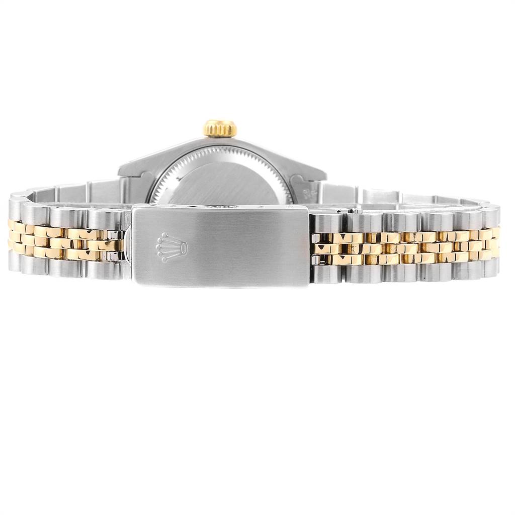 This image shows the back view of a Rolex Datejust 69173 Women's Stainless Steel Champagne Dial 69173 Women's Stainless Steel Champagne Dial watch featuring a two-tone metal bracelet and clasp.