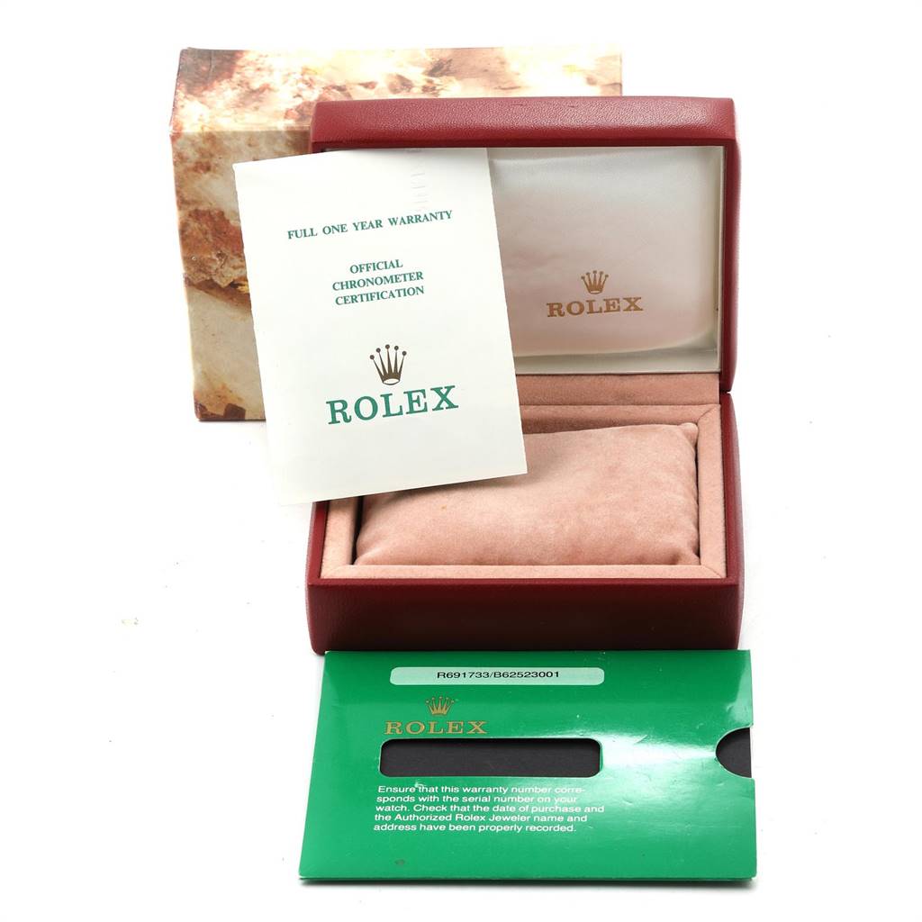 The image shows a Rolex Datejust 69173 Women's Stainless Steel Champagne Dial 69173 Women's Stainless Steel Champagne Dial watch box, warranty card, certificate, and packaging from a frontal angle.