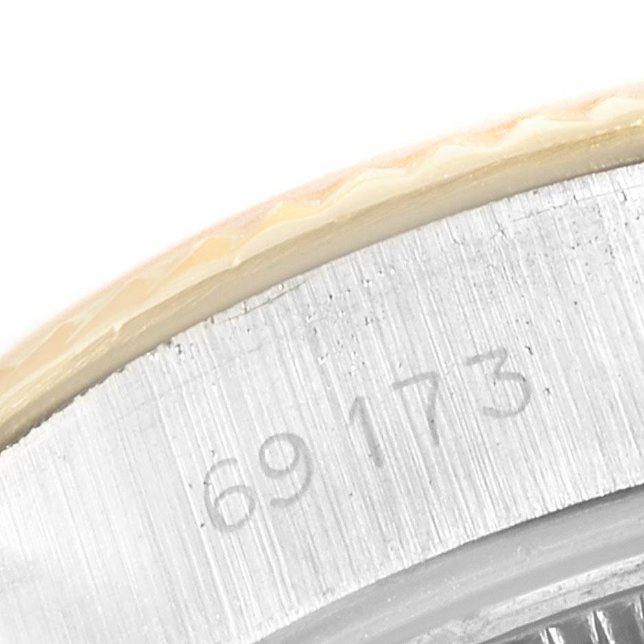 The image shows a close-up of the case back with the model number "69173" engraved on a Rolex Datejust 69173 Women's Stainless Steel Champagne Dial 69173 Women's Stainless Steel Champagne Dial watch.