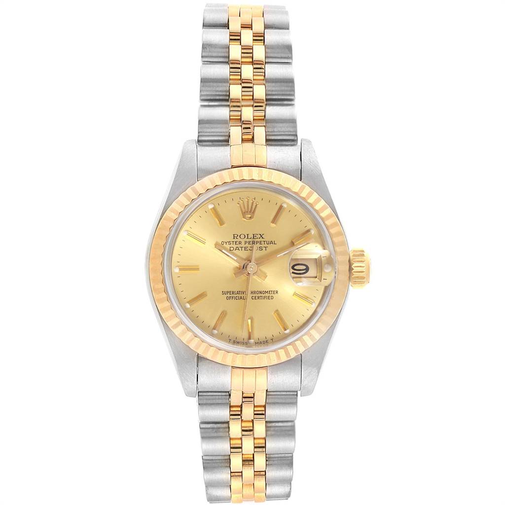 The image shows a top view of a Rolex Datejust 69173 Women's Stainless Steel Champagne Dial 69173 Women's Stainless Steel Champagne Dial watch, displaying the dial, bezel, crown, and bracelet.