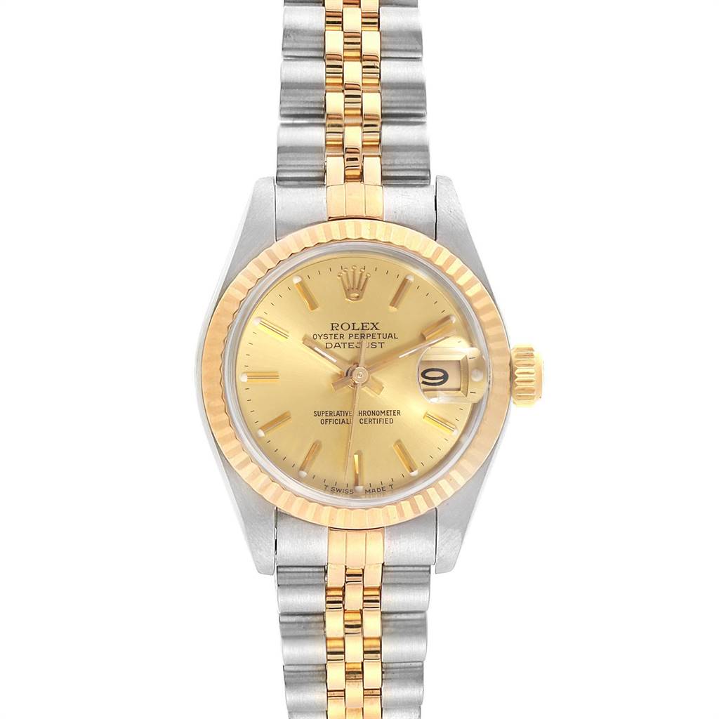 The image shows a front view of the Rolex Datejust 69173 Women's Stainless Steel Champagne Dial 69173 Women's Stainless Steel Champagne Dial watch, highlighting the dial, bezel, and Jubilee bracelet.