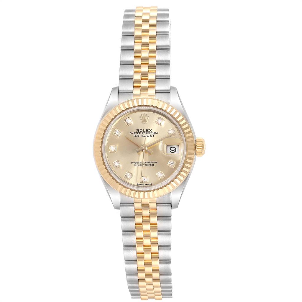The Rolex Datejust 279173 Women's Steel and Gold (two tone) Champagne Dial 279173 Women's Steel and Gold (two tone) Champagne Dial watch is shown from a front angle, featuring a two-tone bracelet, diamond markers, and a date display.