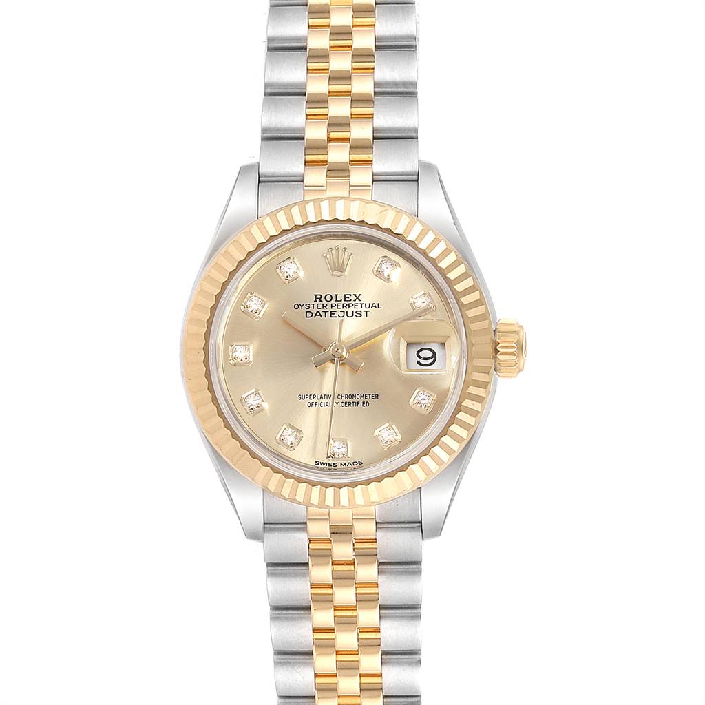 The Rolex Datejust 279173 Women's Steel and Gold (two tone) Champagne Dial 279173 Women's Steel and Gold (two tone) Champagne Dial watch is shown from a straight-on angle, displaying its face and two-tone bracelet.