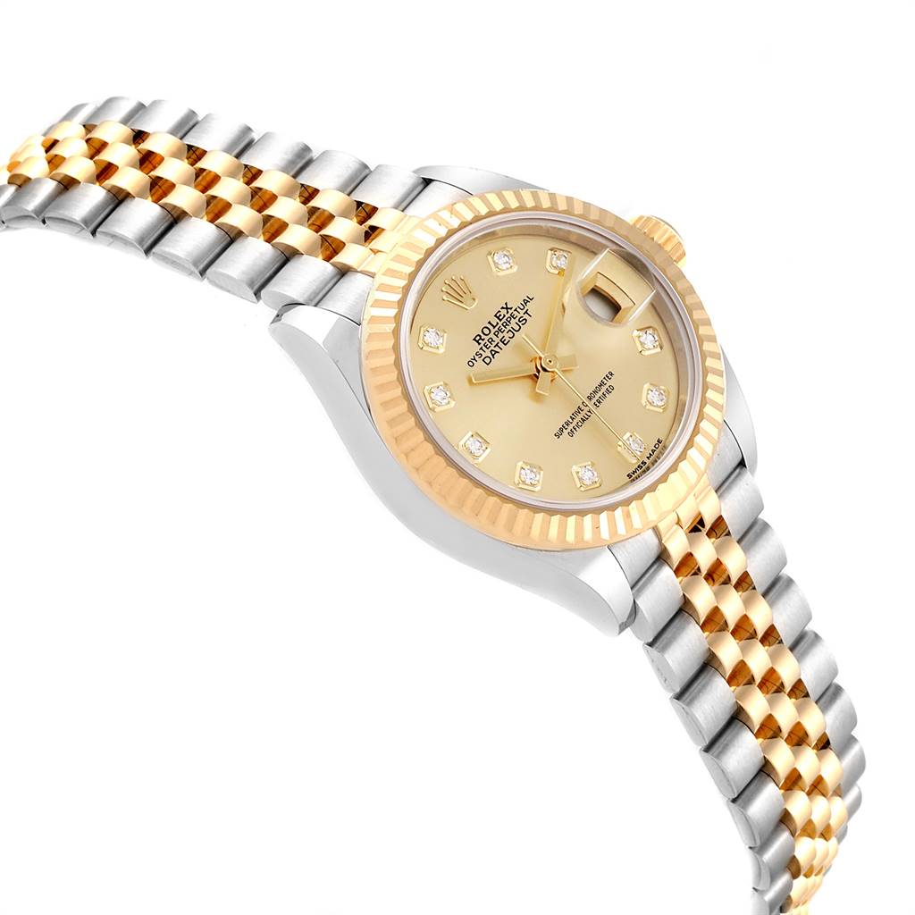 The image shows a Rolex Datejust 279173 Women's Steel and Gold (two tone) Champagne Dial 279173 Women's Steel and Gold (two tone) Champagne Dial watch from an angled side view, highlighting the face, fluted bezel, and two-tone bracelet.
