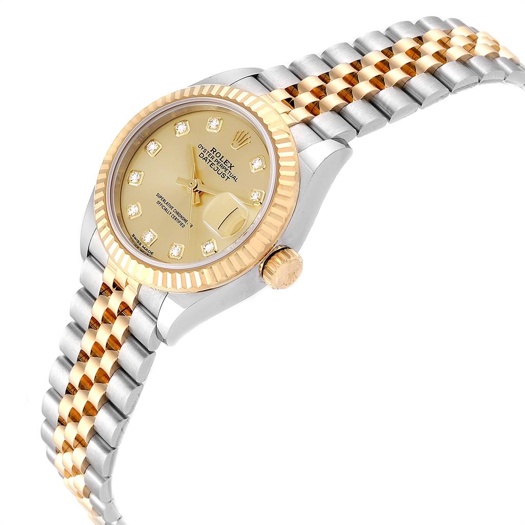 The photo shows a Rolex Datejust 279173 Women's Steel and Gold (two tone) Champagne Dial 279173 Women's Steel and Gold (two tone) Champagne Dial watch at an angle, highlighting its face, crown, and two-tone Jubilee bracelet.