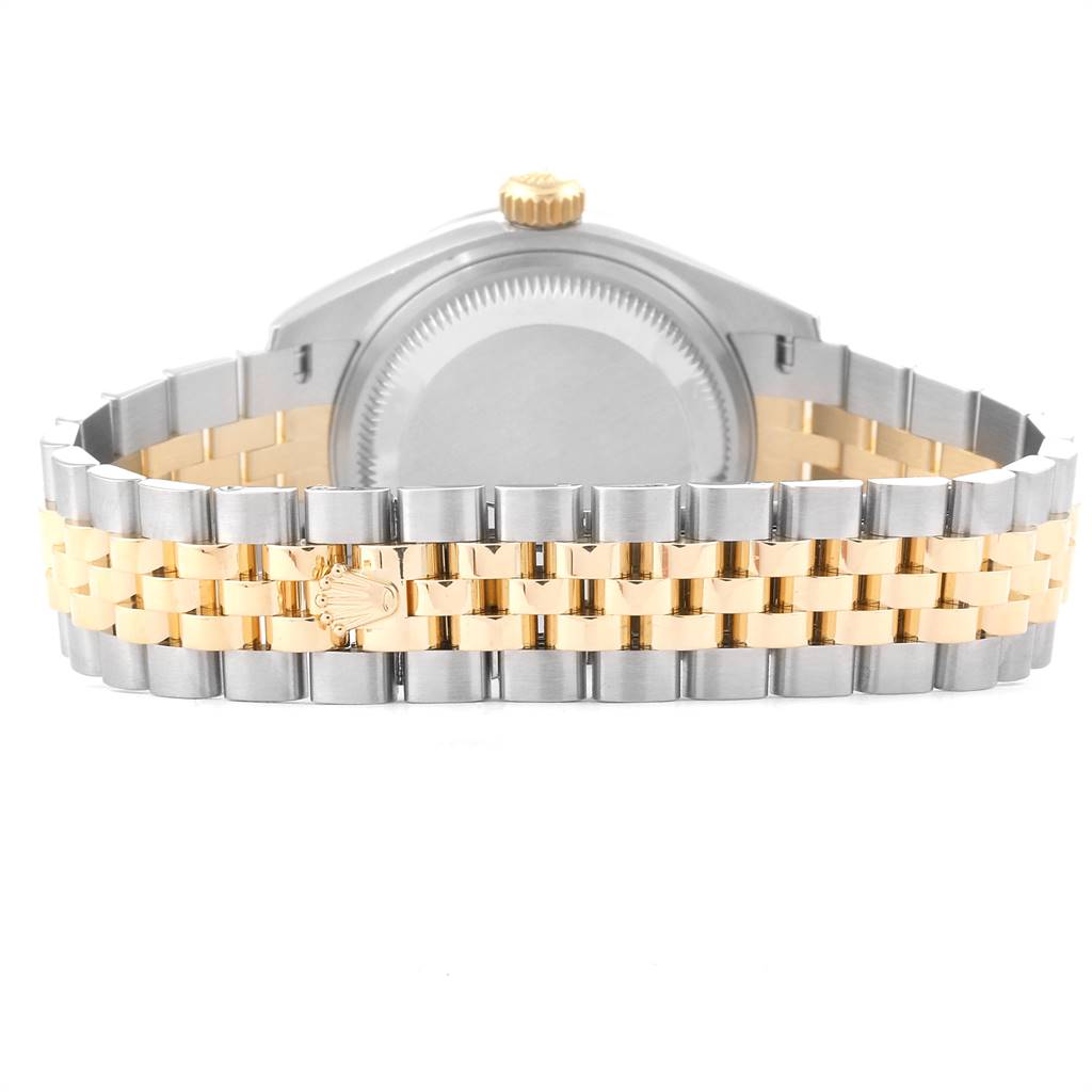 This image shows the back of a Rolex Datejust 279173 Women's Steel and Gold (two tone) Champagne Dial 279173 Women's Steel and Gold (two tone) Champagne Dial watch, including its two-tone jubilee bracelet and case back.