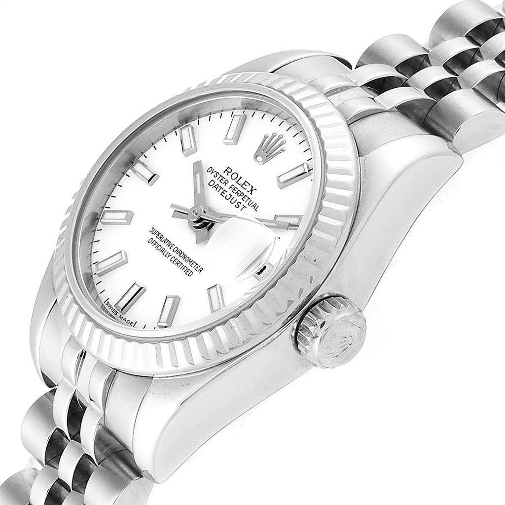 The image shows a Rolex Datejust 179174 Women's Stainless Steel White Dial 179174 Women's Stainless Steel White Dial watch from an angled top view, featuring the dial, bezel, and partially the bracelet.