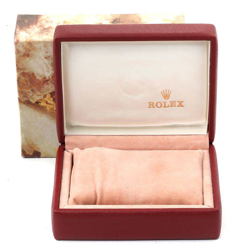 The image shows an open Rolex watch box for a Datejust model, with no watch inside.