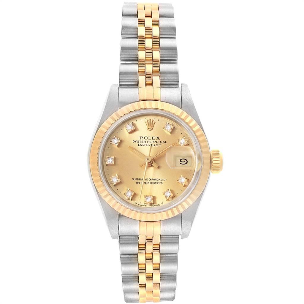 The image shows a front view of a Rolex Datejust 69173 Women's Stainless Steel Champagne Dial 69173 Women's Stainless Steel Champagne Dial watch, displaying its gold and silver Jubilee bracelet, fluted bezel, and dial with date function.