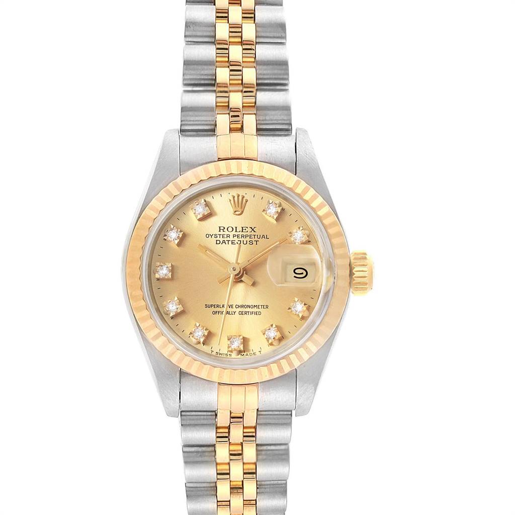 This image shows a Rolex Datejust 69173 Women's Stainless Steel Champagne Dial 69173 Women's Stainless Steel Champagne Dial watch from a top-down angle, highlighting the dial, bezel, and bracelet.