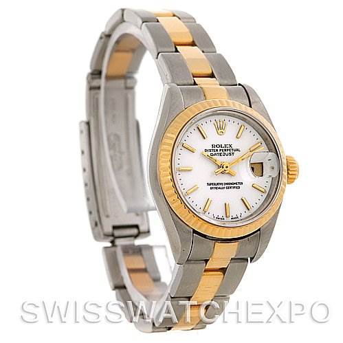 The image shows a Rolex Datejust 69173 Women's Stainless Steel  69173 Women's Stainless Steel  watch model from an angled side view highlighting the dial, bezel, crown, and bracelet.
