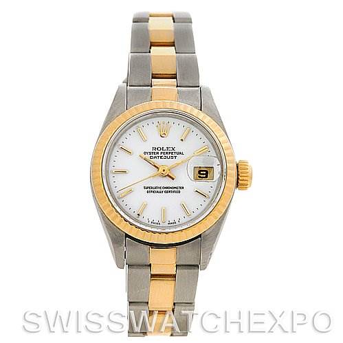 This image shows a frontal view of a Rolex Datejust 69173 Women's Stainless Steel  69173 Women's Stainless Steel  watch, highlighting its dial, bezel, and bracelet.