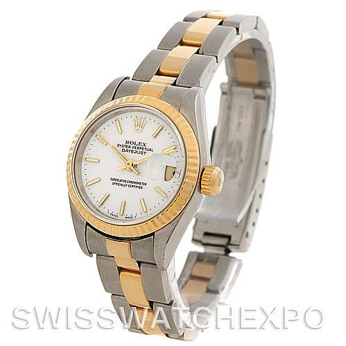 The image shows a Rolex Datejust 69173 Women's Stainless Steel  69173 Women's Stainless Steel  watch at an angled perspective, highlighting the face, bezel, and bi-color metal bracelet.