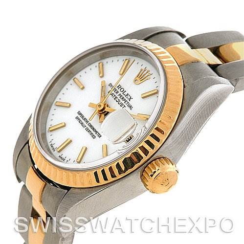 This image shows a close-up angle of the Rolex Datejust 69173 Women's Stainless Steel  69173 Women's Stainless Steel  watch, highlighting the bezel, crown, dial, and part of the bracelet.