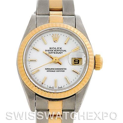 The image shows a frontal view of the Rolex Datejust 69173 Women's Stainless Steel  69173 Women's Stainless Steel  watch, highlighting the face, bezel, crown, and part of the bracelet.