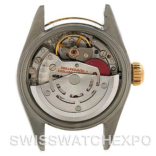 This image shows the inner mechanics of a Rolex Datejust 69173 Women's Stainless Steel  69173 Women's Stainless Steel  watch from a rear angle with the case back removed.