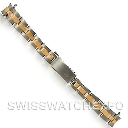 The image shows a two-tone metal bracelet with a clasp for the Rolex Datejust 69173 Women's Stainless Steel  69173 Women's Stainless Steel  model, featuring a mix of gold and silver links.