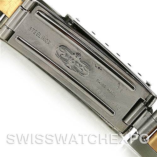 This image shows the inside of the clasp of a Rolex Datejust 69173 Women's Stainless Steel  69173 Women's Stainless Steel  watch, highlighting its engravings and "Steelinox" marking.