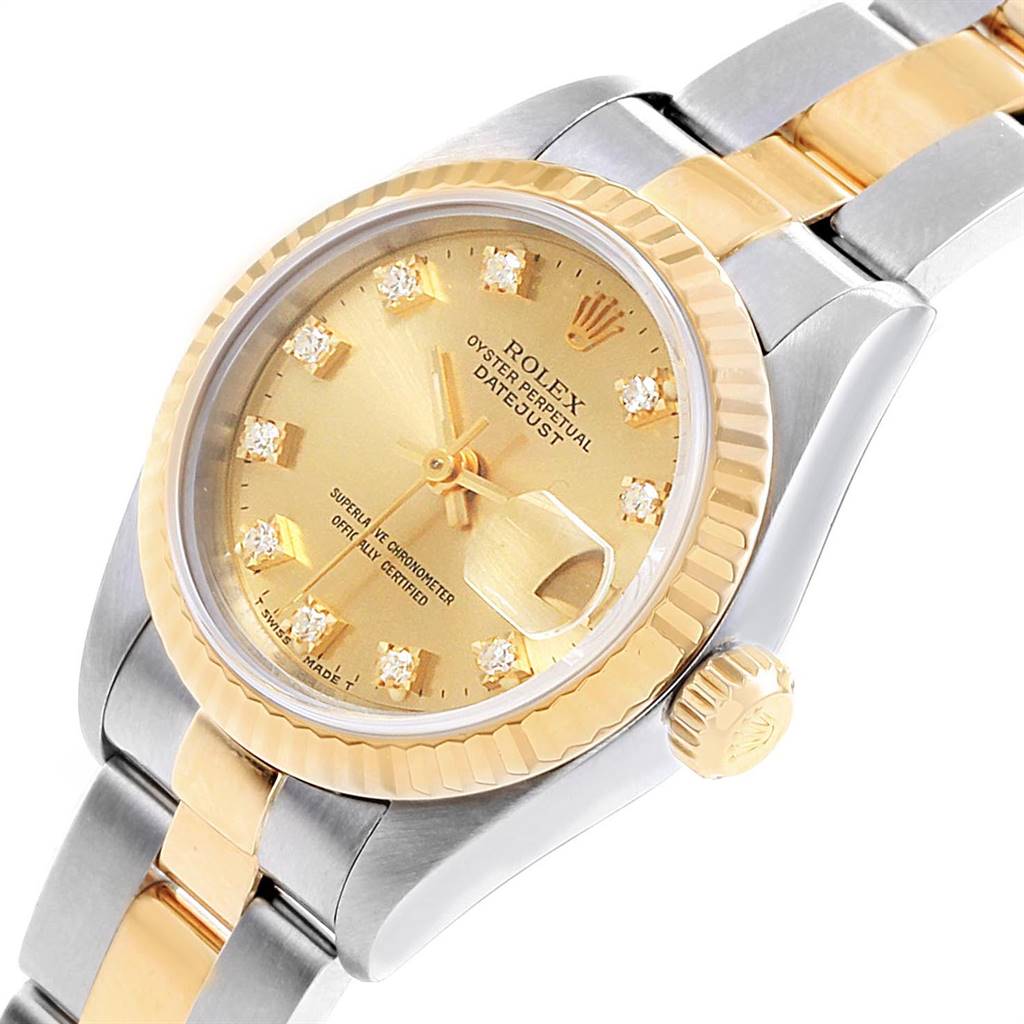 This image shows a Rolex Datejust 79173 Women's Stainless Steel Champagne Dial 79173 Women's Stainless Steel Champagne Dial watch at a slight angle, displaying the dial, bezel, crown, and part of the bracelet.